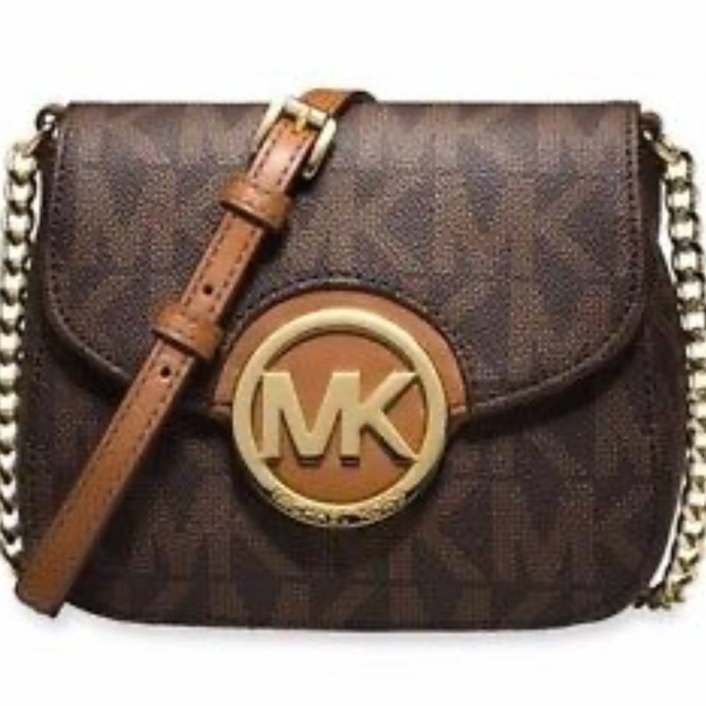 Michael Kors Brown PVC Monogram Women's Flap Crossbody Fulton adjustable strap.